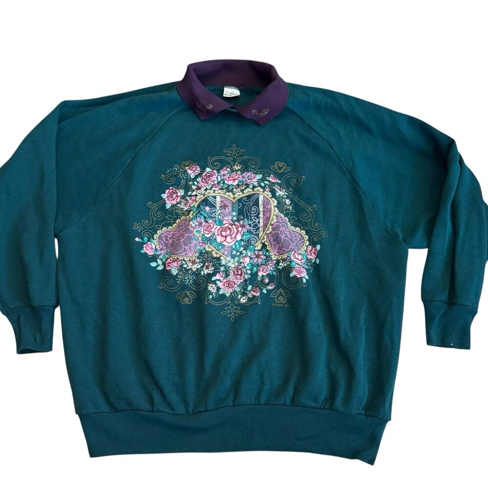 Vintage Gopher‎ Sport Ladies Hearts Floral Printed Sweatshirt Size 2XL Mock Neck